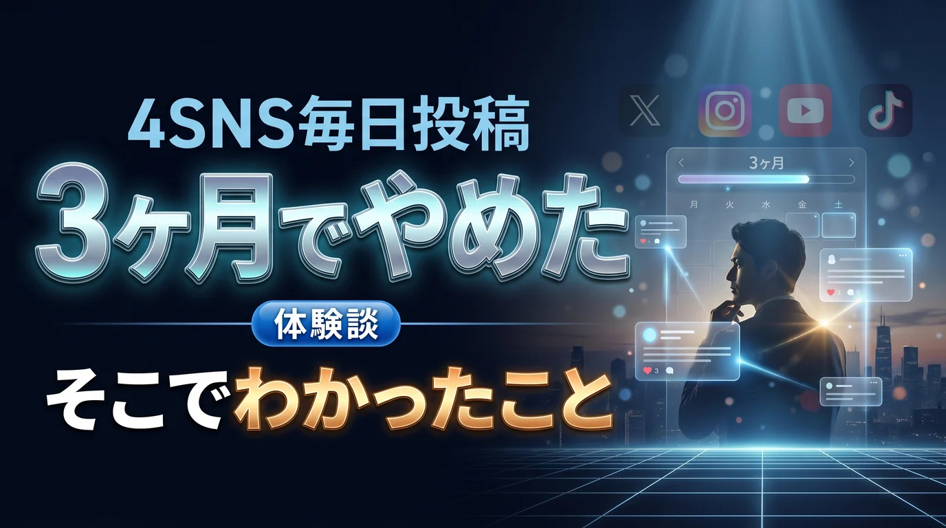 4SNS毎日投稿を3ヶ月でやめた体験談を表現したダーク基調のサムネイル画像