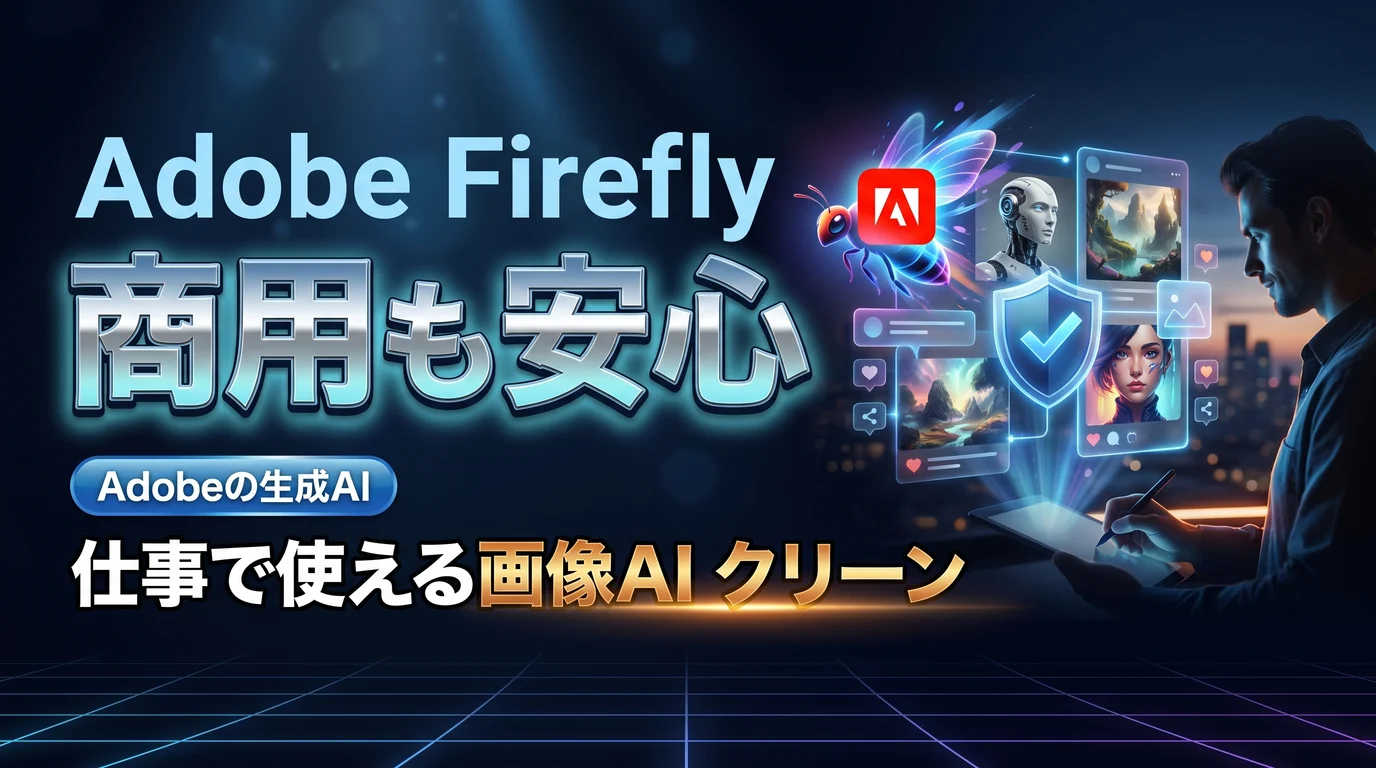 Adobe Fireflyとは何かと商用利用に強い画像生成AIの料金を表現したダーク基調のサムネイル画像