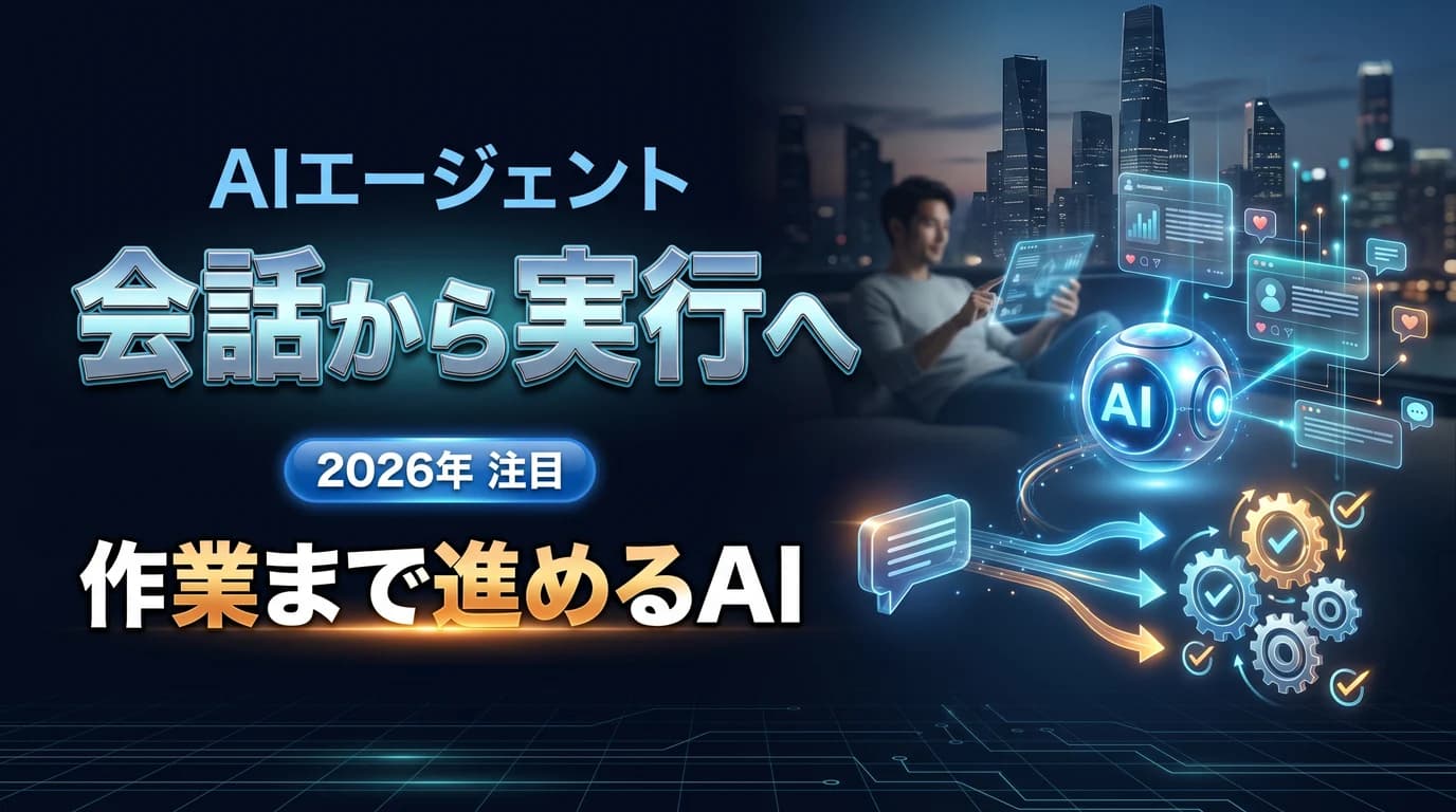 AIエージェントが会話から実行へ進化する2026年のトレンドを表現したダーク基調のサムネイル画像