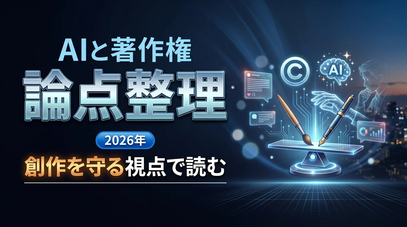 AIと著作権をめぐる2026年の論点をクリエイター視点で整理したダーク基調のサムネイル画像