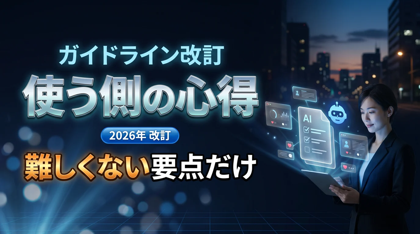 AI事業者ガイドライン改訂と使う側が意識すべきポイントを表現したダーク基調のサムネイル画像