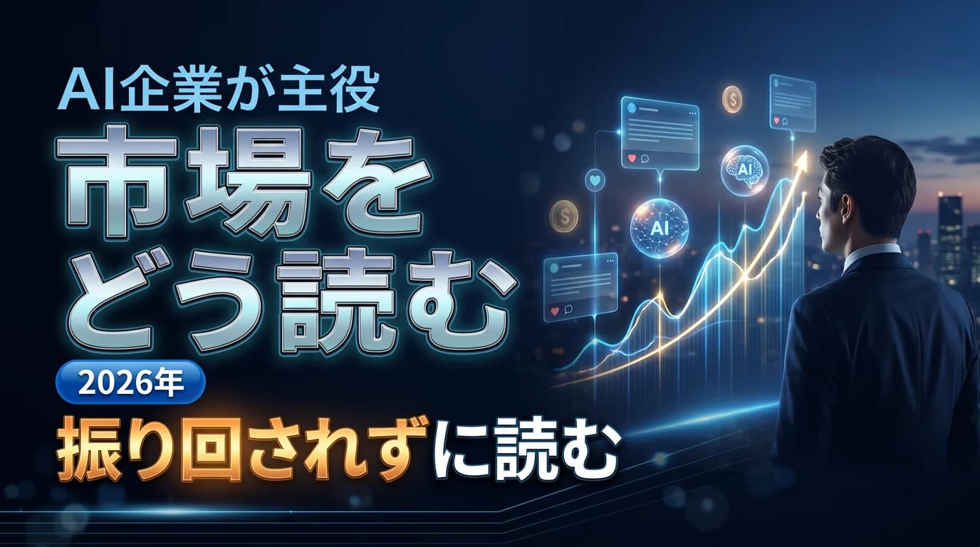AI企業に資金が集まる市場の動きを個人がどう読むかを表現したダーク基調のサムネイル画像