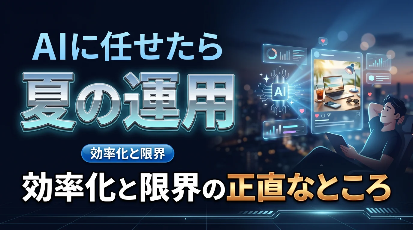 AIにSNS投稿を任せたら夏の運用がどう変わるかを表現したダーク基調のサムネイル画像