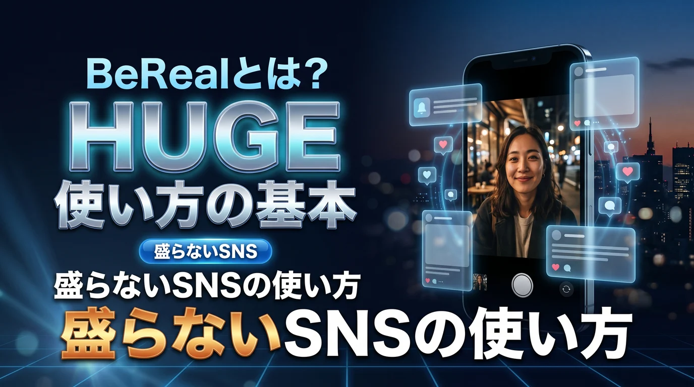 BeRealとは何かと盛らないSNSの使い方を表現したダーク基調のサムネイル画像