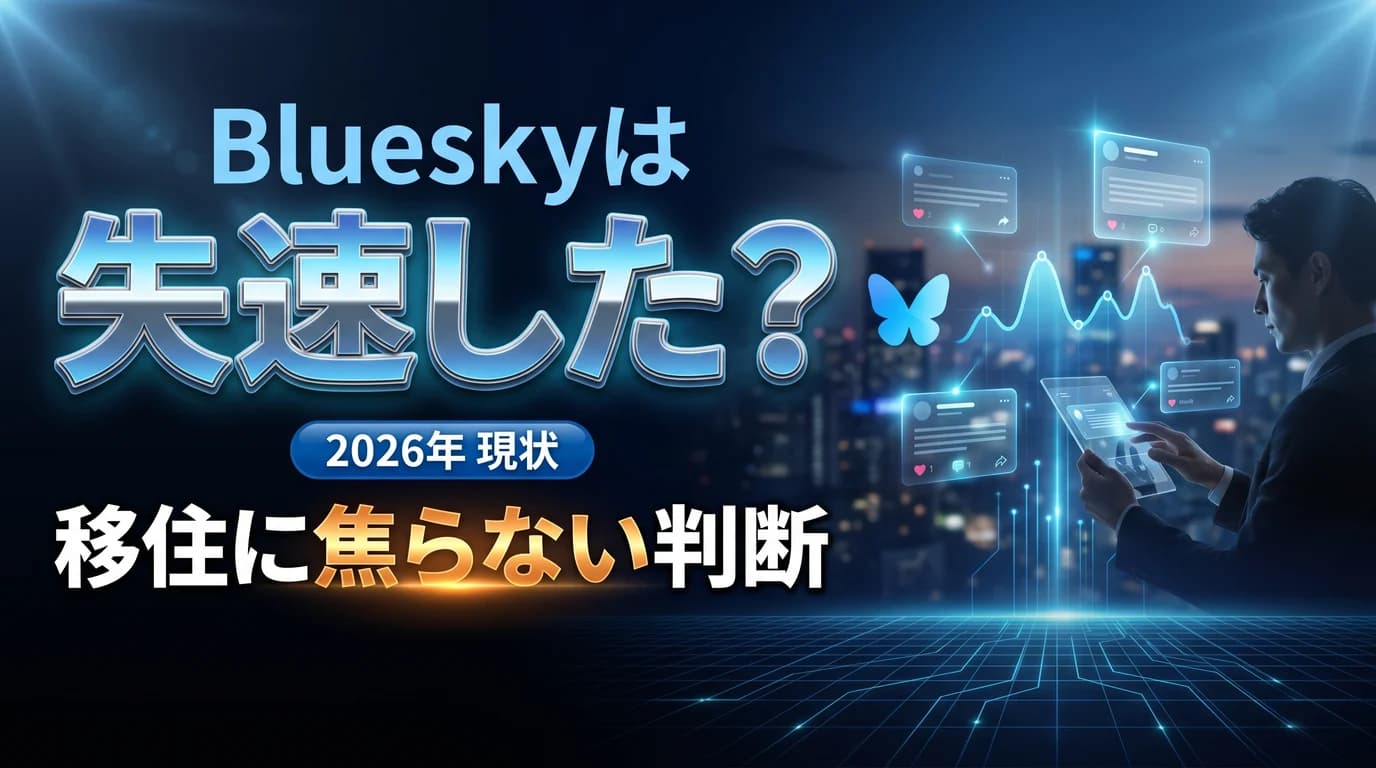 Blueskyの2026年の現状と乗り換えに焦らない判断を表現したダーク基調のサムネイル画像