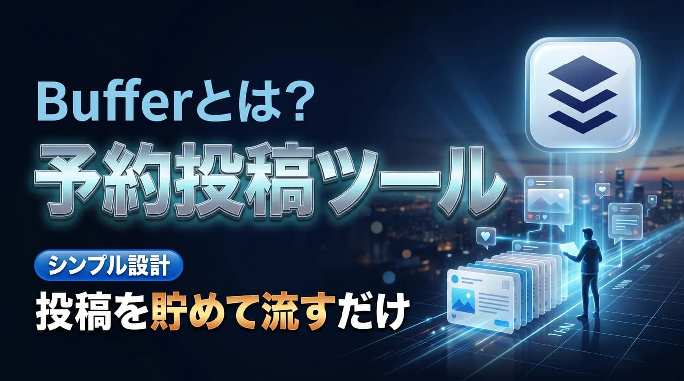 BufferのシンプルなSNS予約投稿の使い方を表現したダーク基調のサムネイル画像