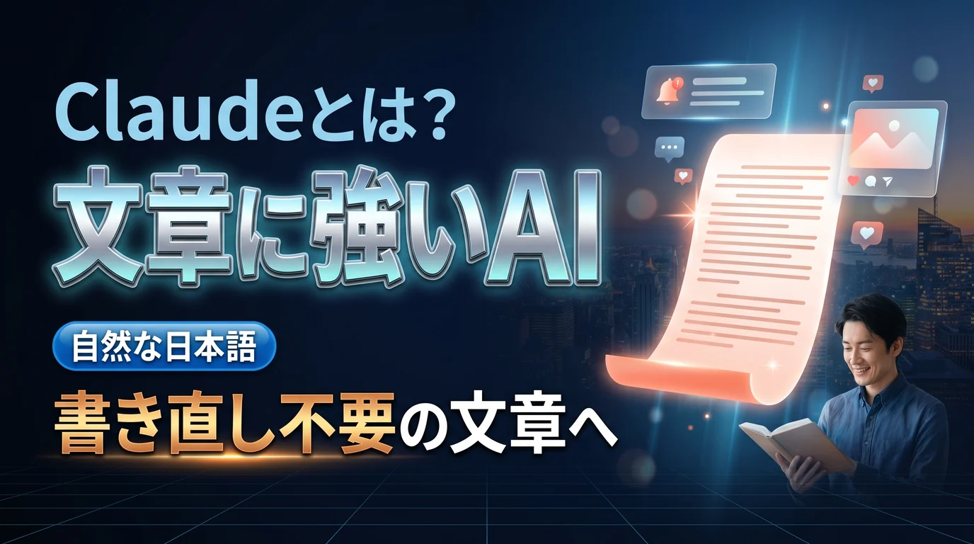 文章に強いAI Claudeの使い方と料金を表現したダーク基調のサムネイル画像