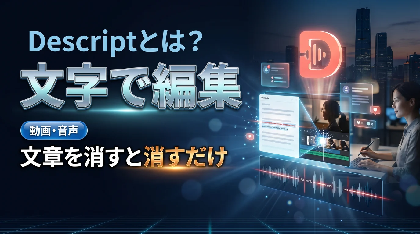 文字を編集して動画・音声を直すAI Descriptの使い方と料金を表現したダーク基調のサムネイル画像