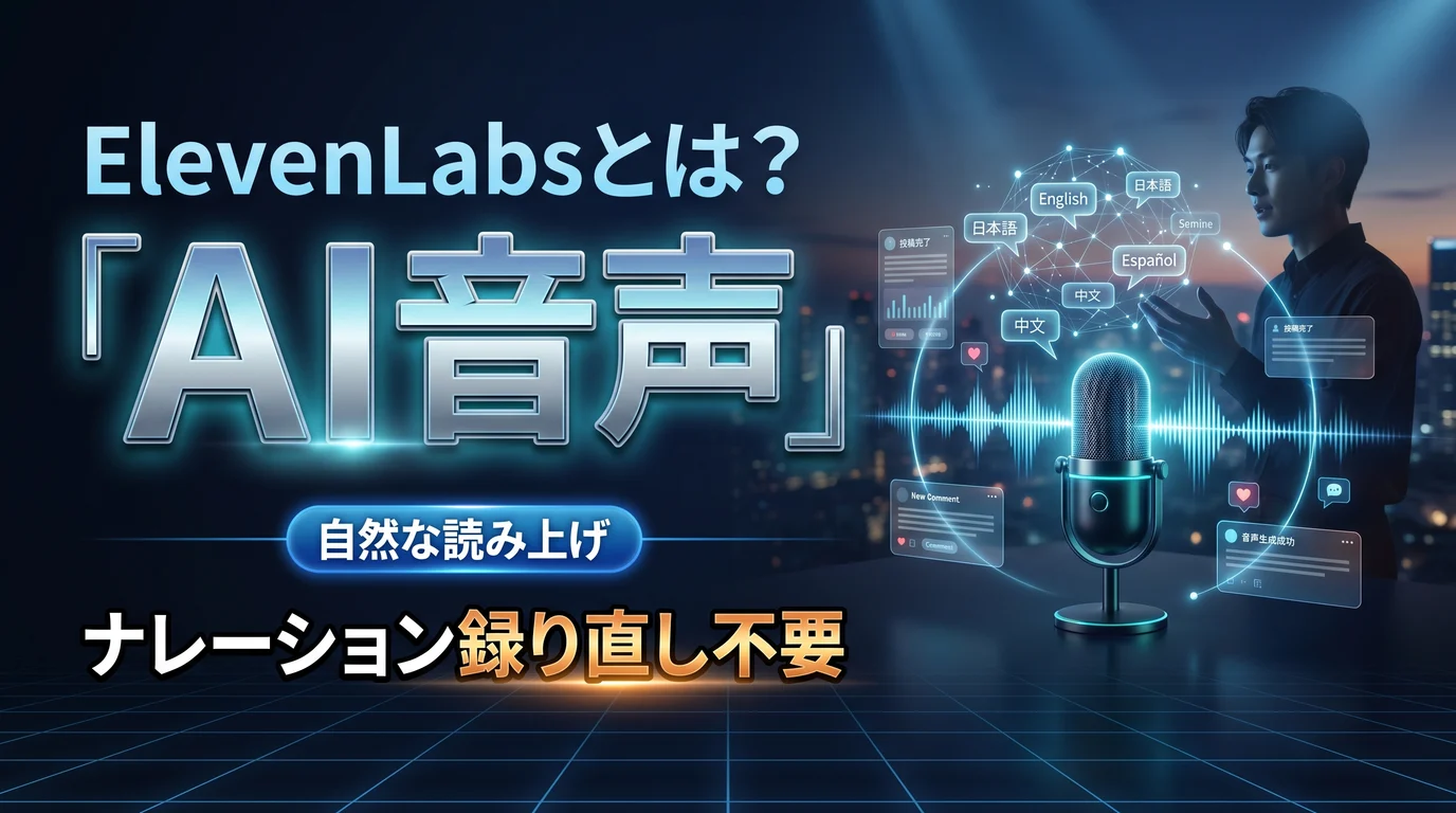 AI音声・ナレーションツールElevenLabsの使い方を表現したダーク基調のサムネイル画像