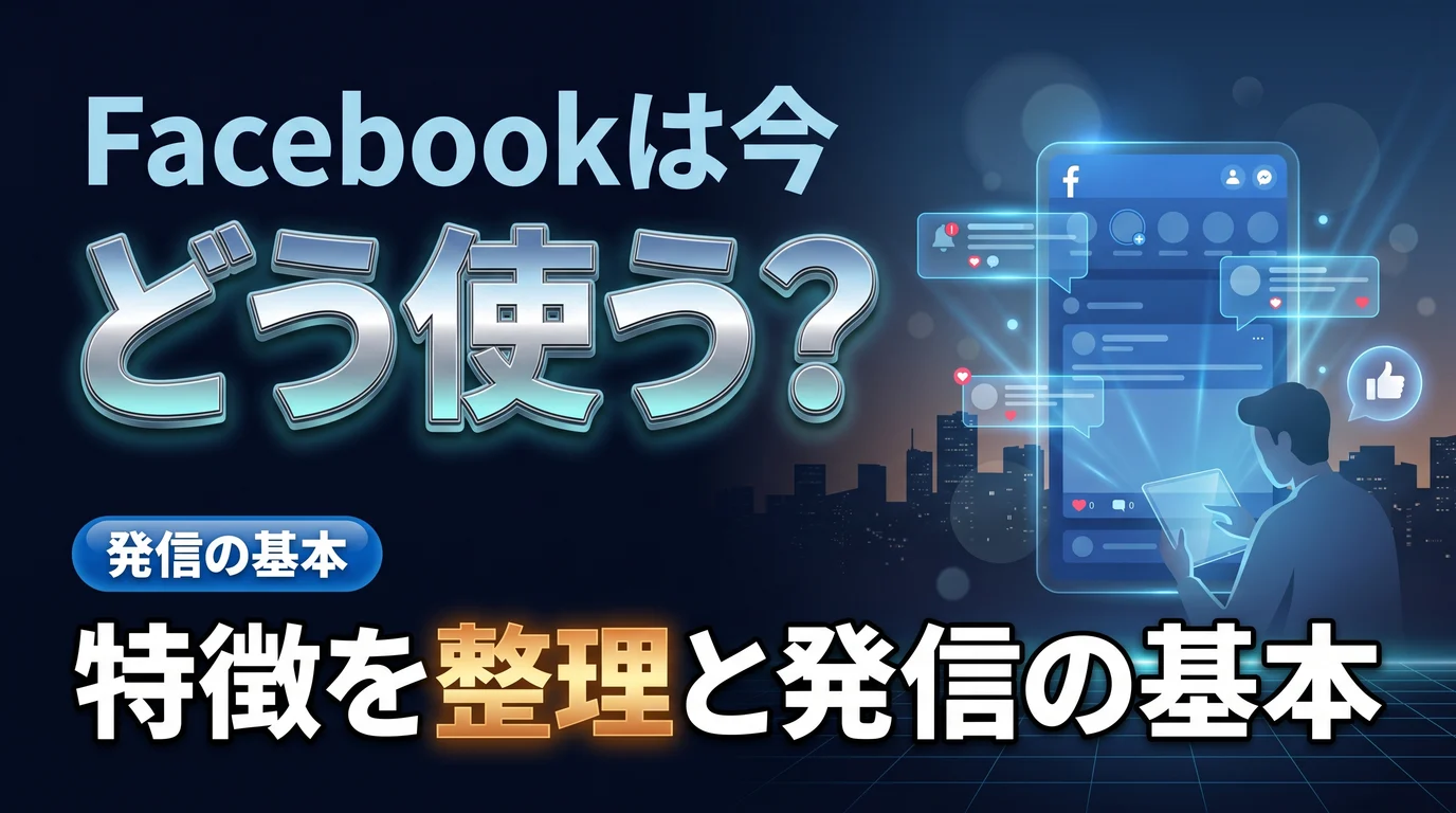 Facebookの今の使い方と発信の基本を表現したダーク基調のサムネイル画像