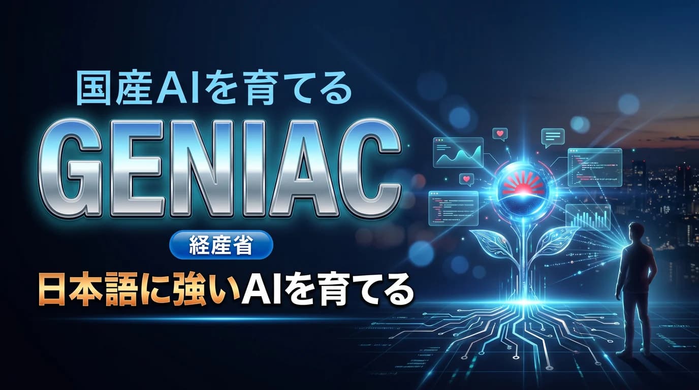 国産AI育成プロジェクトGENIACと日本語に強いAIの意味を表現したダーク基調のサムネイル画像