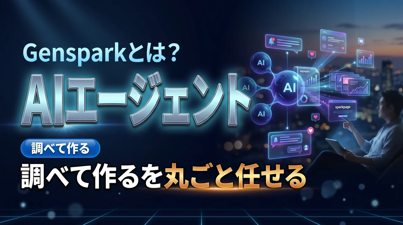 AIエージェントGensparkの使い方と料金を表現したダーク基調のサムネイル画像