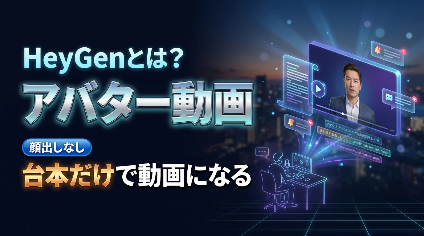 顔出しなしでアバター動画を作るHeyGenの使い方を表現したダーク基調のサムネイル画像