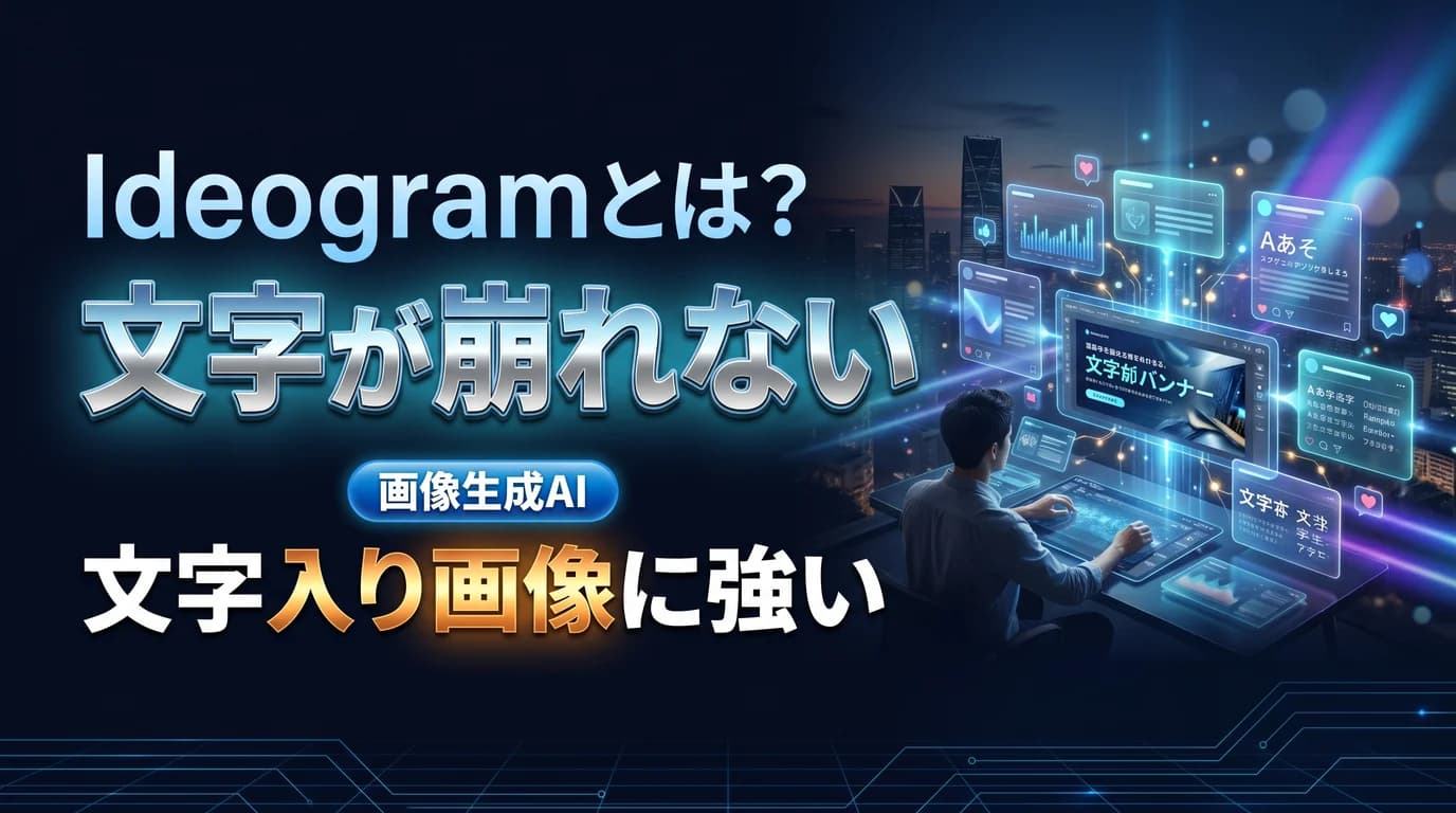 文字が崩れない画像生成AI Ideogramの使い方を表現したダーク基調のサムネイル画像