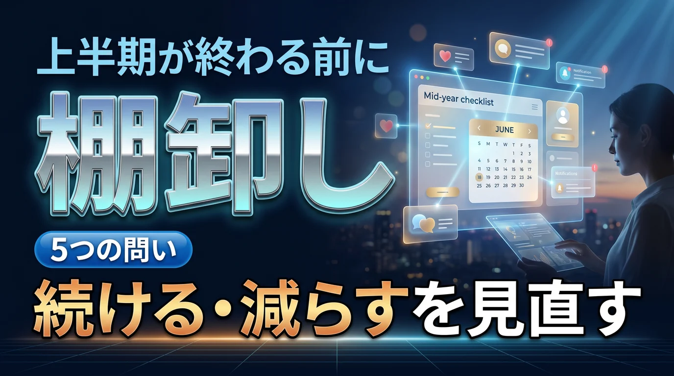 上半期が終わる前にSNS運用を棚卸しする5つの問いを表現したダーク基調のサムネイル画像
