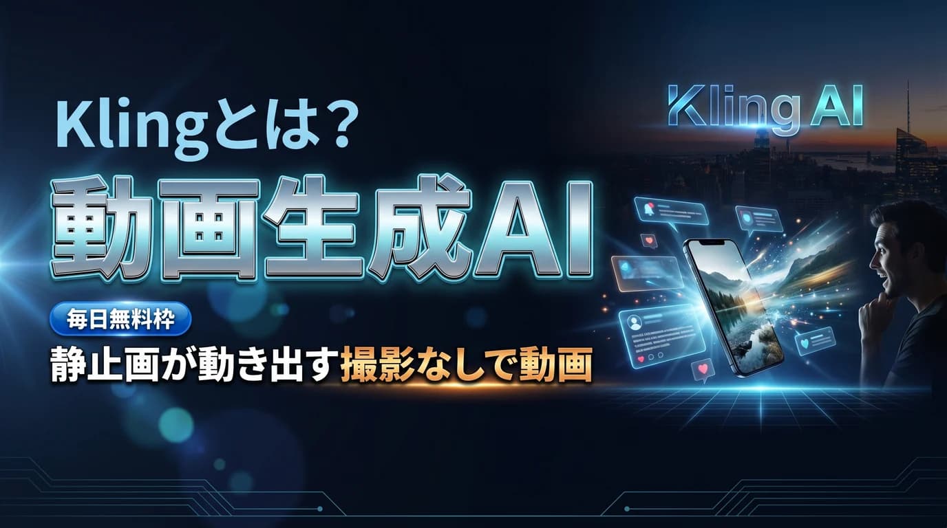 Kling AIとは何かと動画生成の使い方・料金を表現したダーク基調のサムネイル画像