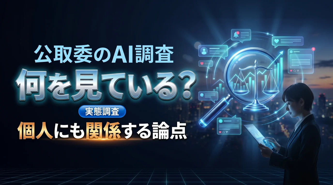 公正取引委員会の生成AI実態調査とクリエイターに関わる論点を表現したダーク基調のサムネイル画像