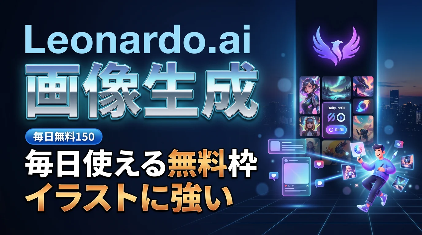 Leonardo.aiとは何かと毎日無料枠がある画像生成AIの特徴を表現したダーク基調のサムネイル画像