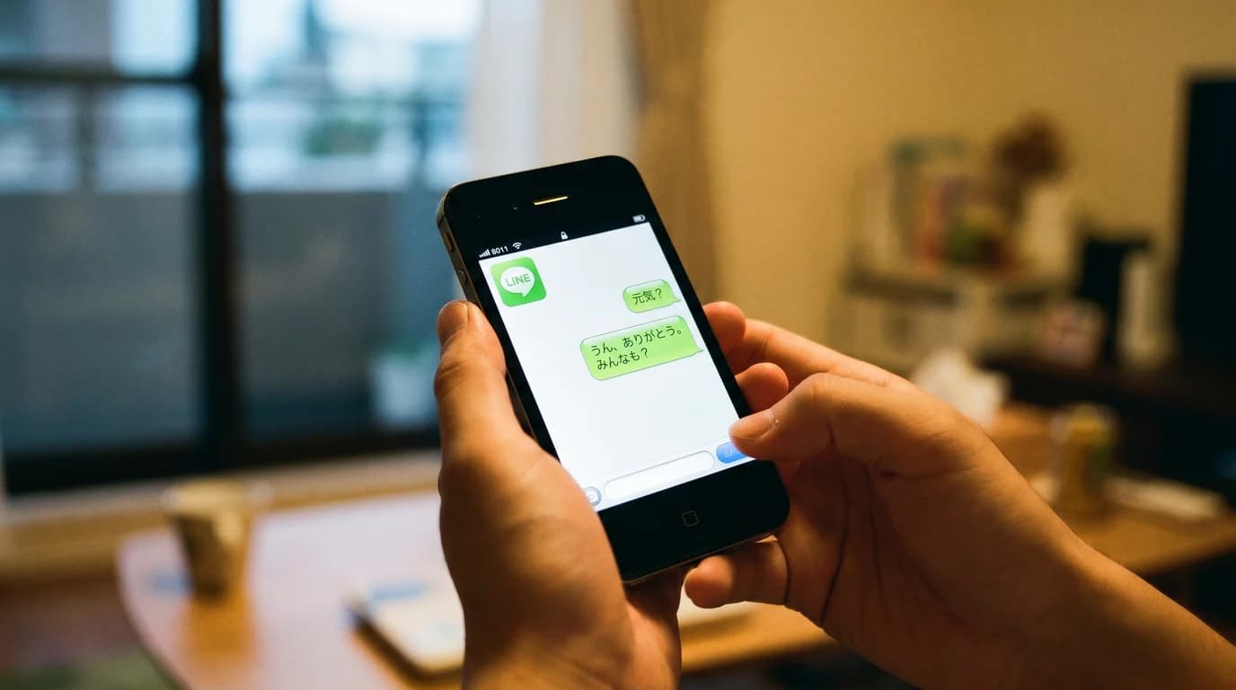 LINE誕生(2011年)を当時のスマホに映る緑のトーク画面として再現し「つながる」価値を表したサムネイル画像