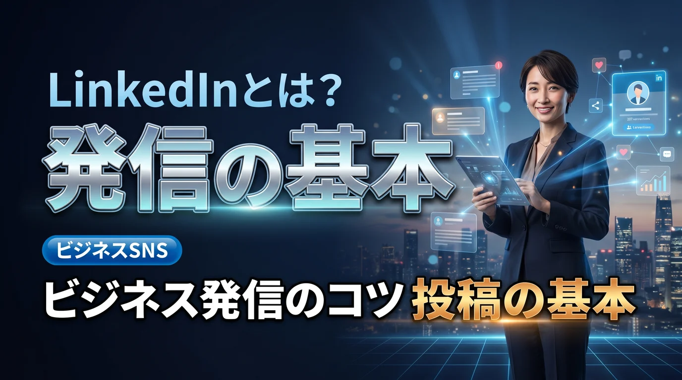 LinkedInとは何かとビジネス発信の基本を表現したダーク基調のサムネイル画像