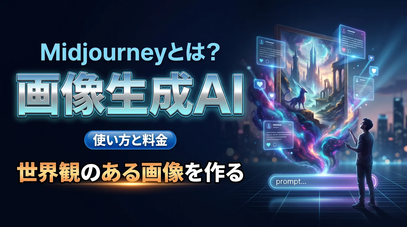 画像生成AI Midjourneyの使い方と料金を表現したダーク基調のサムネイル画像