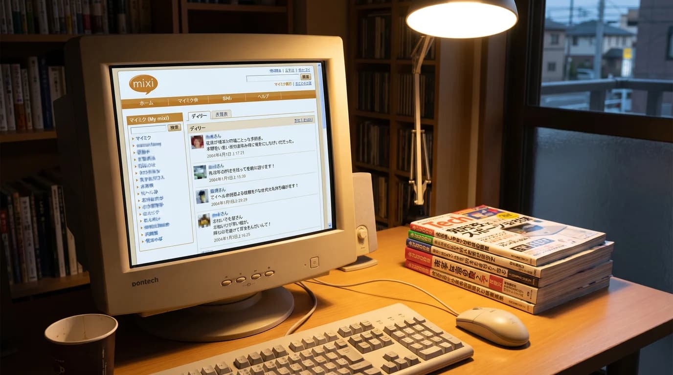 mixiと日本SNS黎明期(2004年頃)を当時のPC画面に映るオレンジ基調のmixiとして再現したサムネイル画像