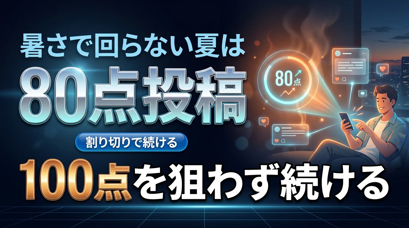 暑さで頭が回らない夏に80点投稿で続ける割り切りを表現したダーク基調のサムネイル画像