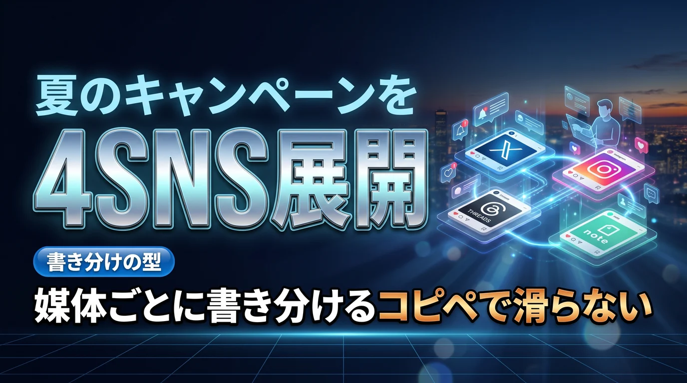 夏のキャンペーン・セール告知を4SNSへ疲れずに展開する型を表現したダーク基調のサムネイル画像