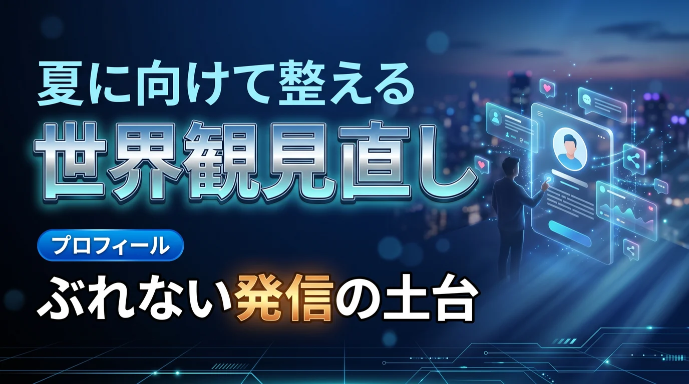 夏に向けてSNSアカウントの世界観とプロフィールを見直す方法を表現したダーク基調のサムネイル画像