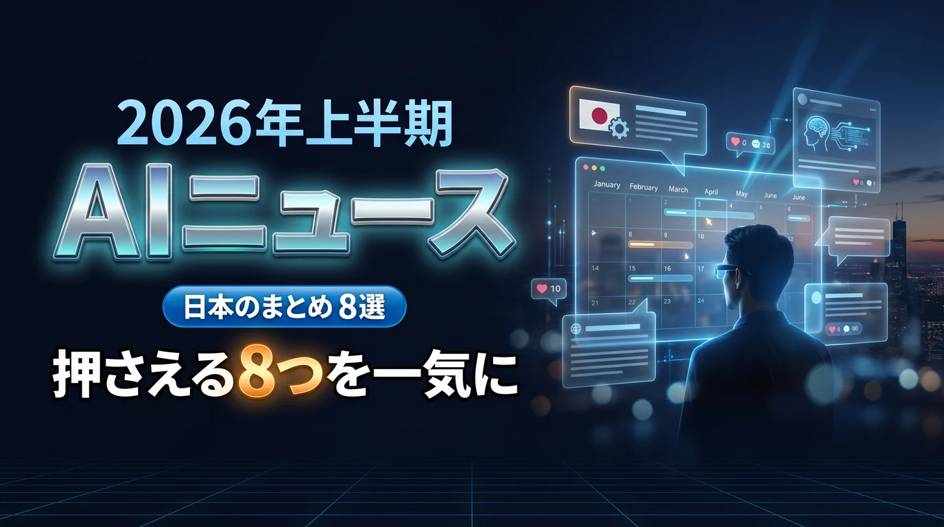 2026年上半期の日本のAIニュースまとめを表現したダーク基調のサムネイル画像