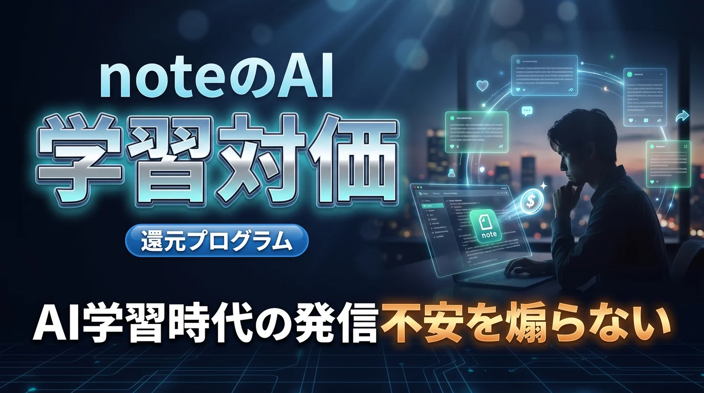 noteのAI学習対価還元とAIに学習される時代の発信を表現したダーク基調のサムネイル画像