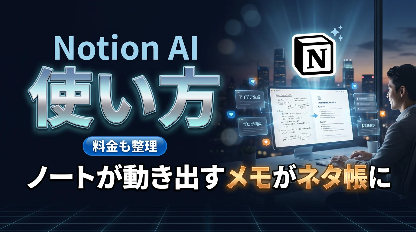 Notion AIとは何かと料金の変更点・使い方を表現したダーク基調のサムネイル画像