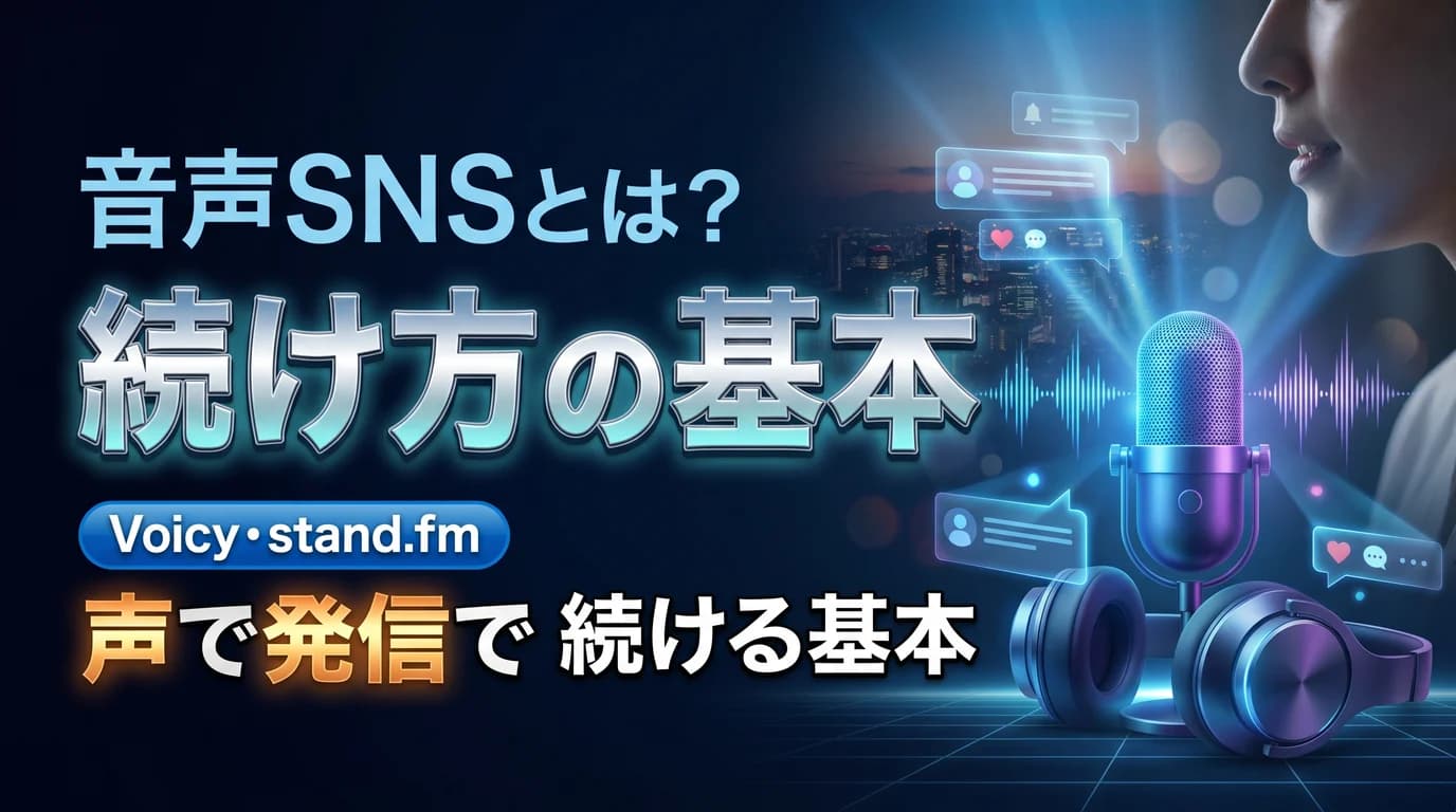 音声SNSとは何かと続け方の基本を表現したダーク基調のサムネイル画像