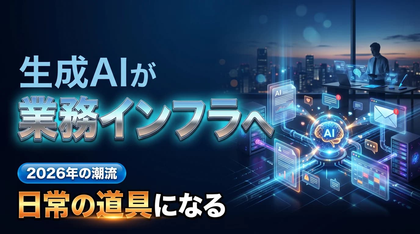 生成AIが業務インフラになる2026年の潮流を表現したダーク基調のサムネイル画像