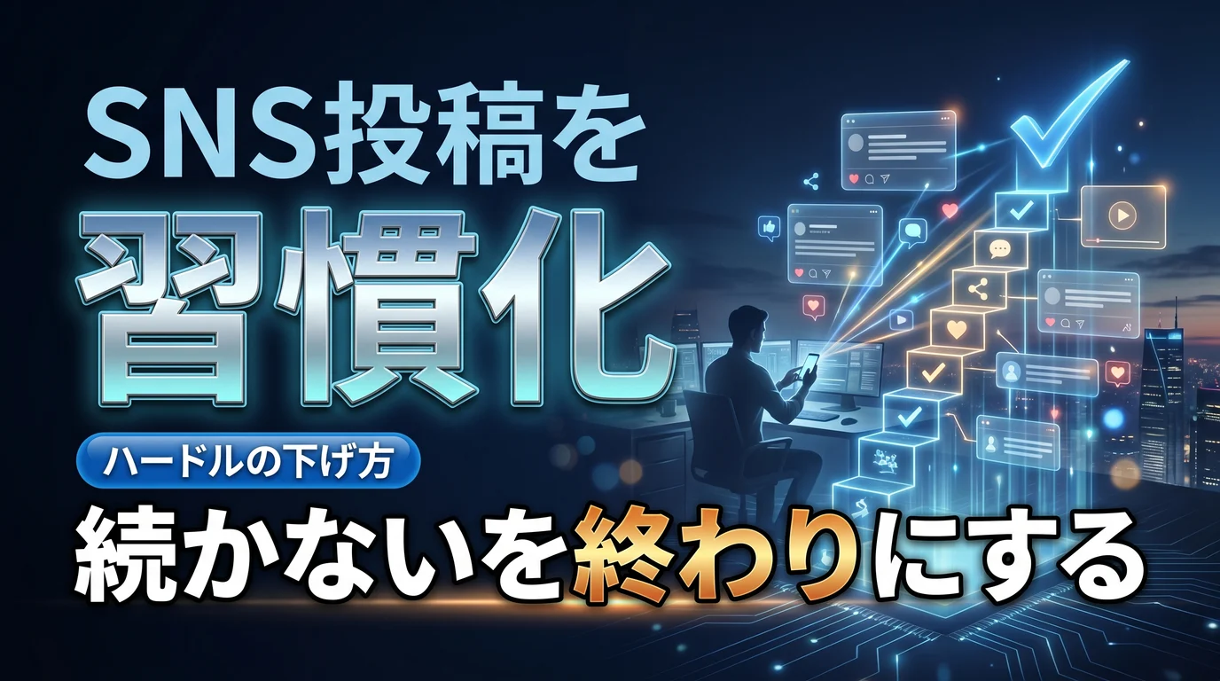 SNS投稿を習慣化するハードルの下げ方を表現したダーク基調のサムネイル画像
