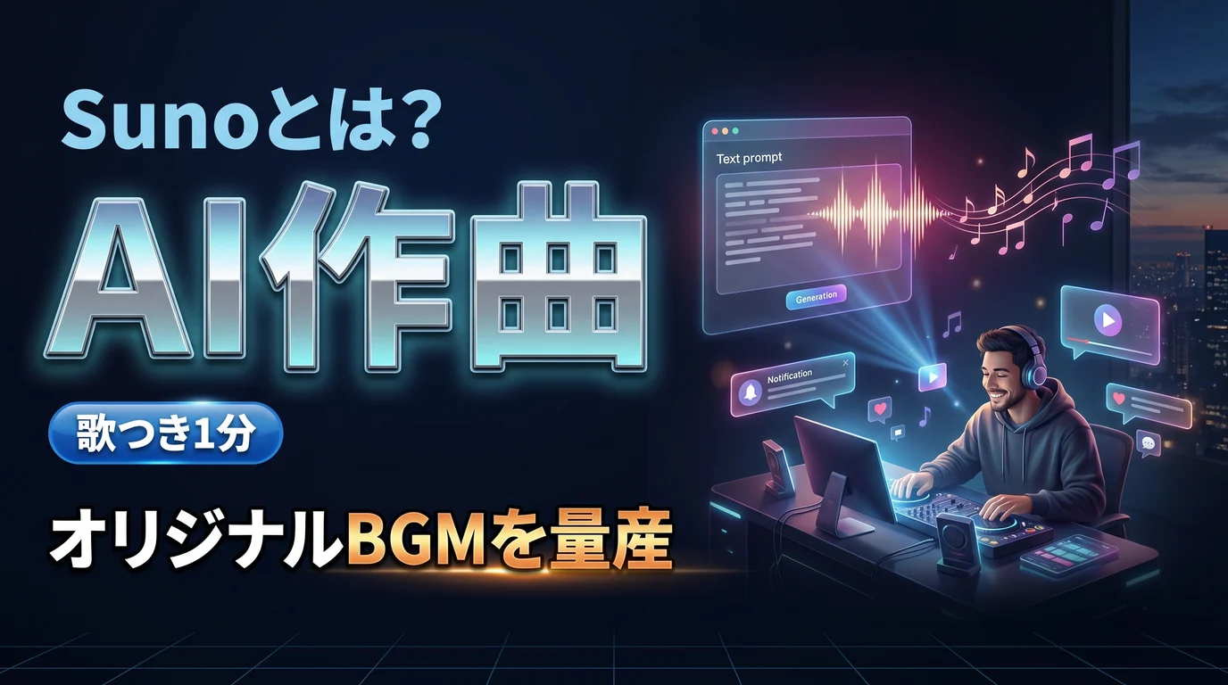 AI作曲ツールSunoの使い方と著作権の注意点を表現したダーク基調のサムネイル画像