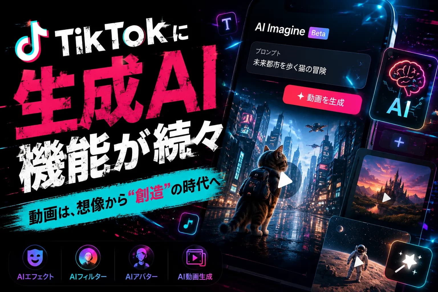 TikTokに生成AI機能「AI Imagine」が続々追加される流れを表現したサムネイル画像