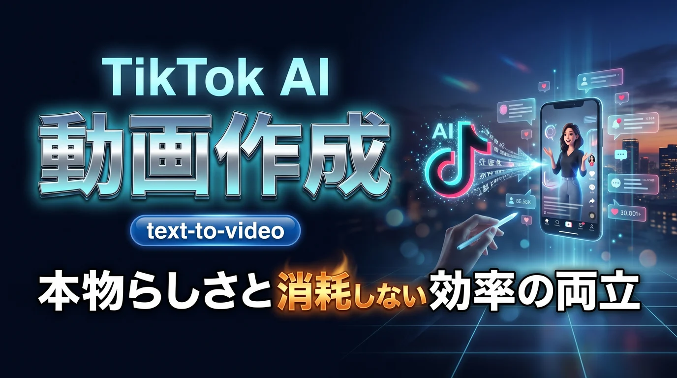 TikTokのAI動画作成ツール拡充とtext-to-video時代の消耗しない使い方を表現したダーク基調のサムネイル画像