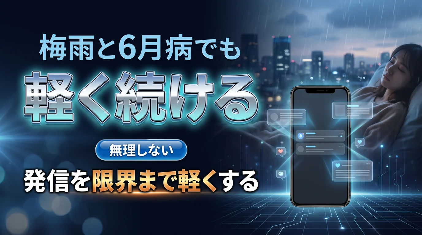 梅雨と6月病で気力が出ないときにSNS発信を軽くする方法を表現したダーク基調のサムネイル画像