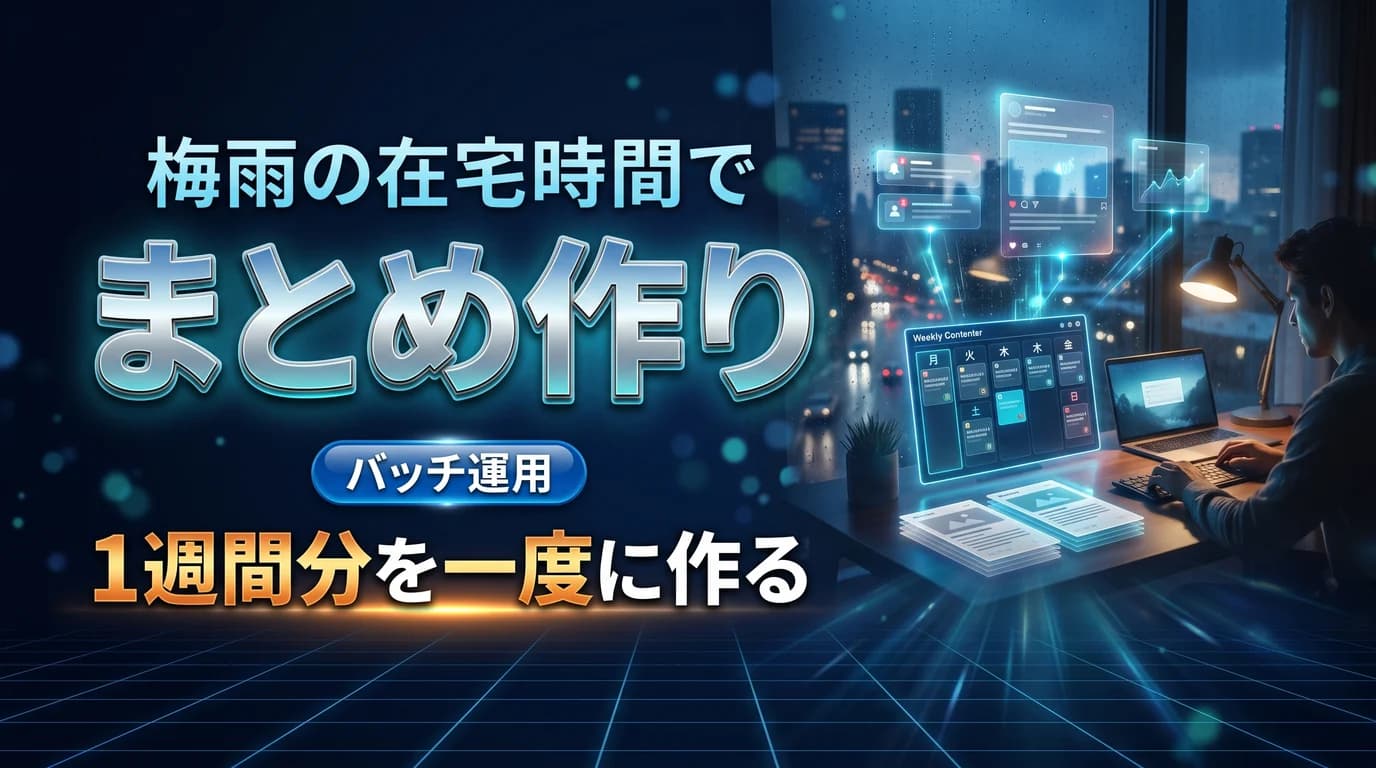 梅雨の在宅時間でSNS投稿を1週間分まとめて作るバッチ運用を表現したダーク基調のサムネイル画像
