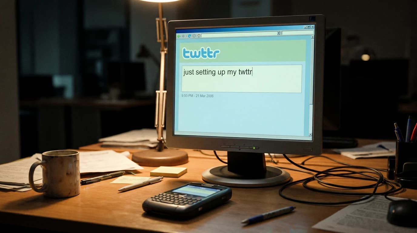 世界最初のツイート「just setting up my twttr」(2006年3月21日)を当時のtwttr画面として再現したサムネイル画像