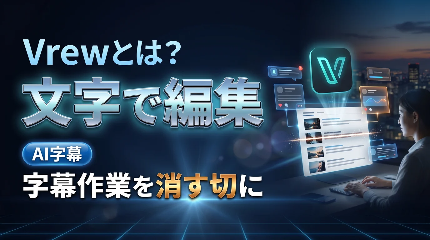 Vrewとは何かとテキストベースのAI動画編集を表現したダーク基調のサムネイル画像