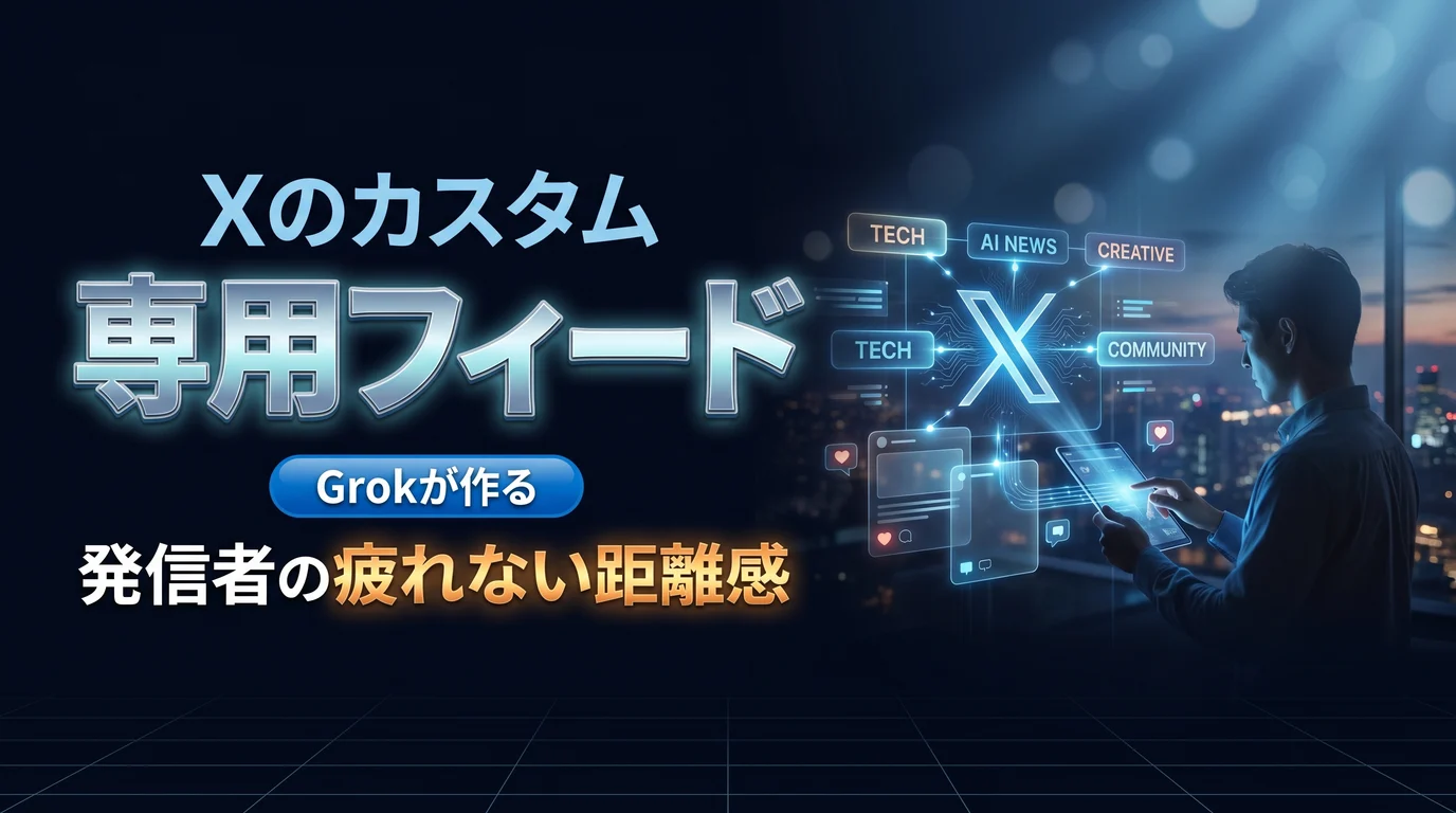 Xのカスタムタイムラインと Grok が作る自分専用フィードの発信への影響を表現したダーク基調のサムネイル画像