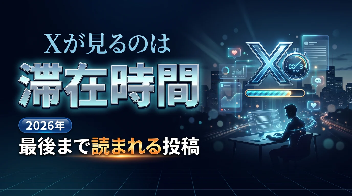 Xの滞在時間シグナルと最後まで読まれる投稿の作り方を表現したダーク基調のサムネイル画像