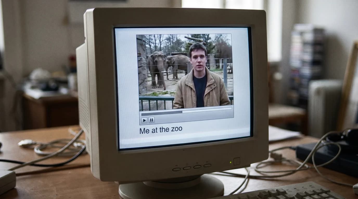 YouTube最初の動画「Me at the zoo」(2005年)を当時のプレーヤー画面と動物園の様子として再現したサムネイル画像