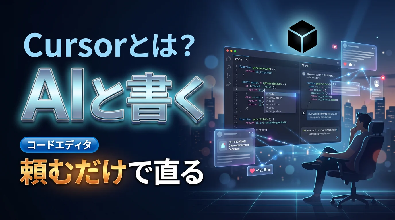 AIとコードを書けるエディタCursorの使い方と料金を表現したダーク基調のサムネイル画像