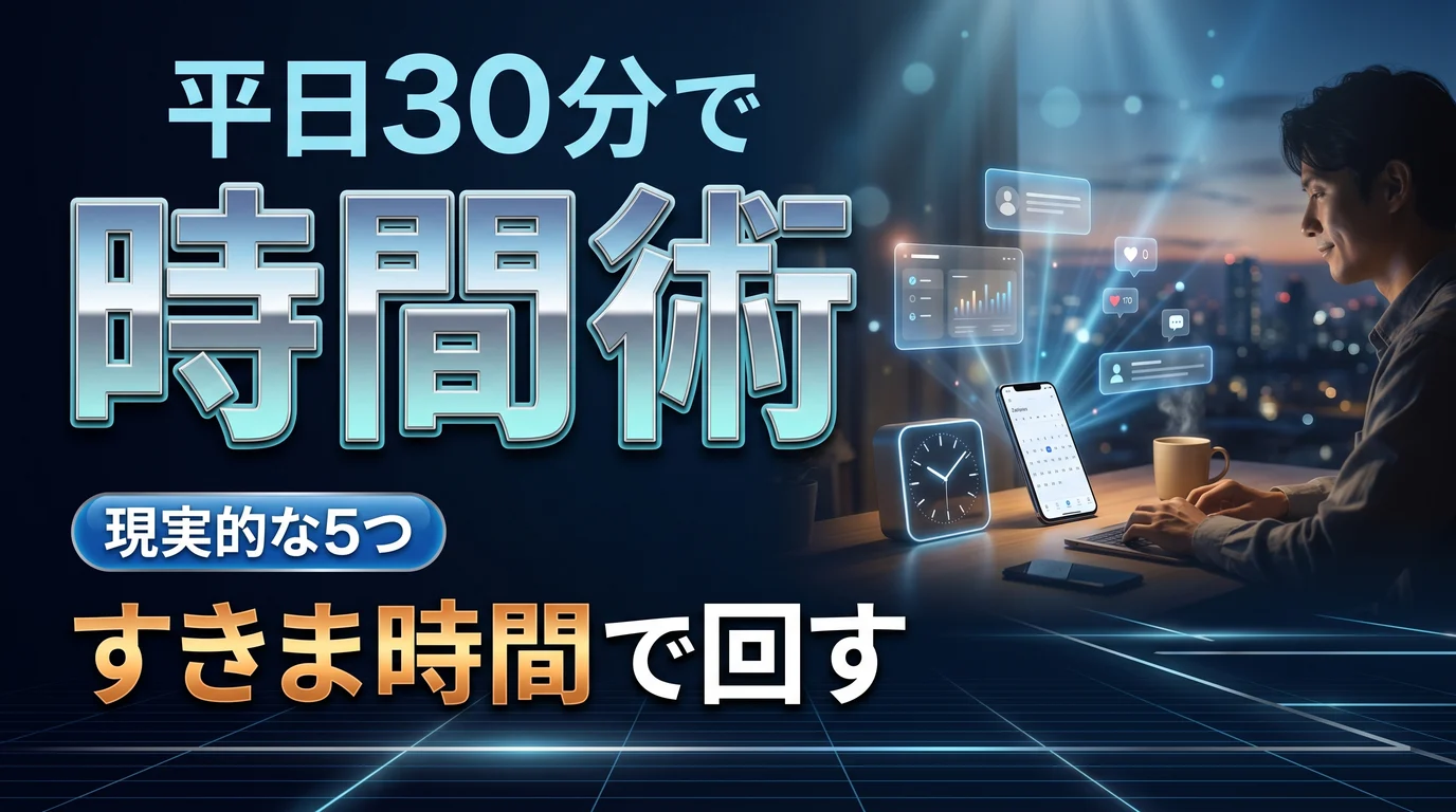平日30分でSNS運用を回す時間術を表現したダーク基調のサムネイル画像