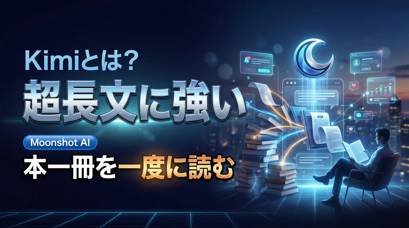 Kimi(Moonshot AI)の特徴と使い方を表現したダーク基調のサムネイル画像