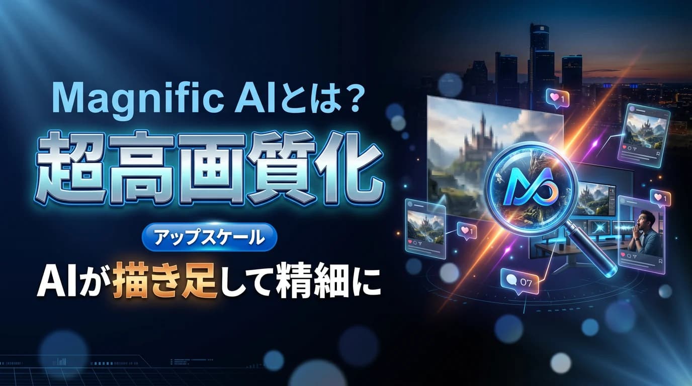 Magnific AIで画像を高画質化する使い方と料金を表現したダーク基調のサムネイル画像