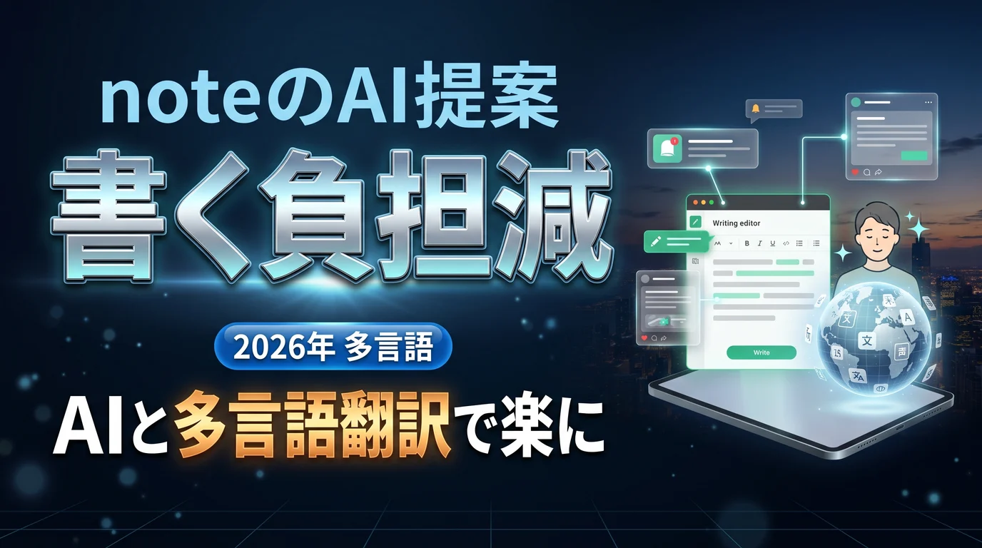 noteのAI提案と多言語翻訳で書く負担を減らす方法を表現したダーク基調のサムネイル画像